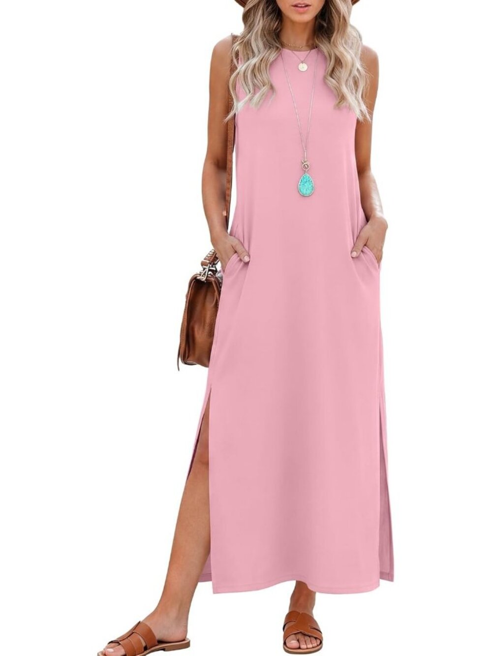 Women's Pink Summer Maxi Long Dress Sleeveless Side Slit Casual With Pockets